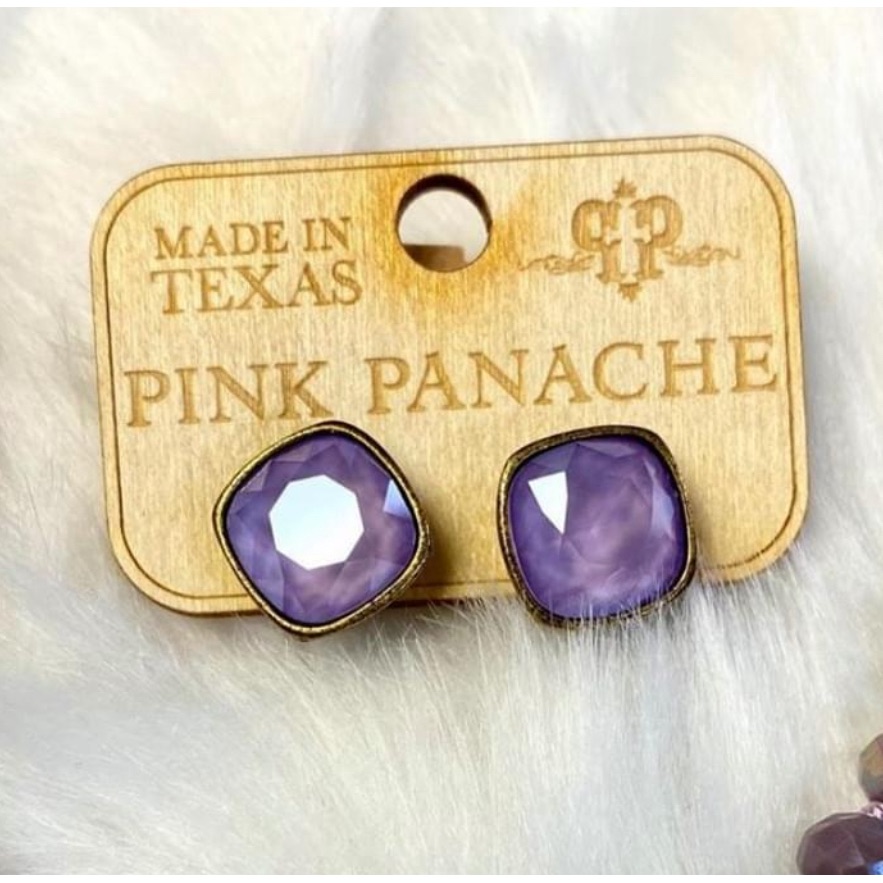 Pink Panache Bronze Stud Earrings With 10mm Cushion Cut Crystal In Lilac Purple